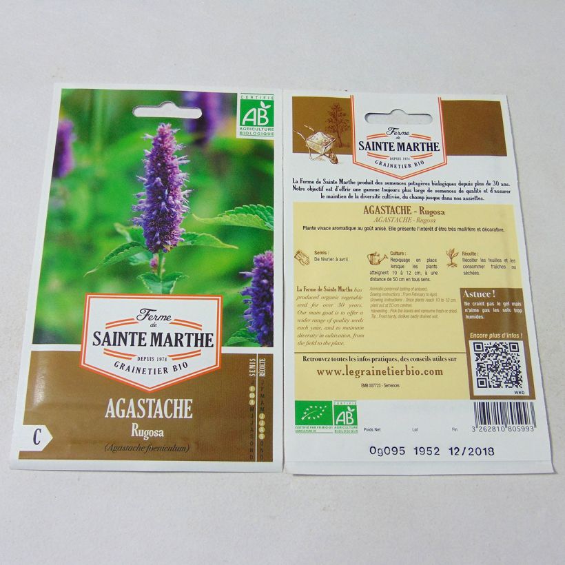 Voorbeeld van een exemplaar van Koreaanse munt BIO Ferme de Sainte Marthe - Agastache rugosa het zakje met 150 zaden (0.095g) zoals geleverd