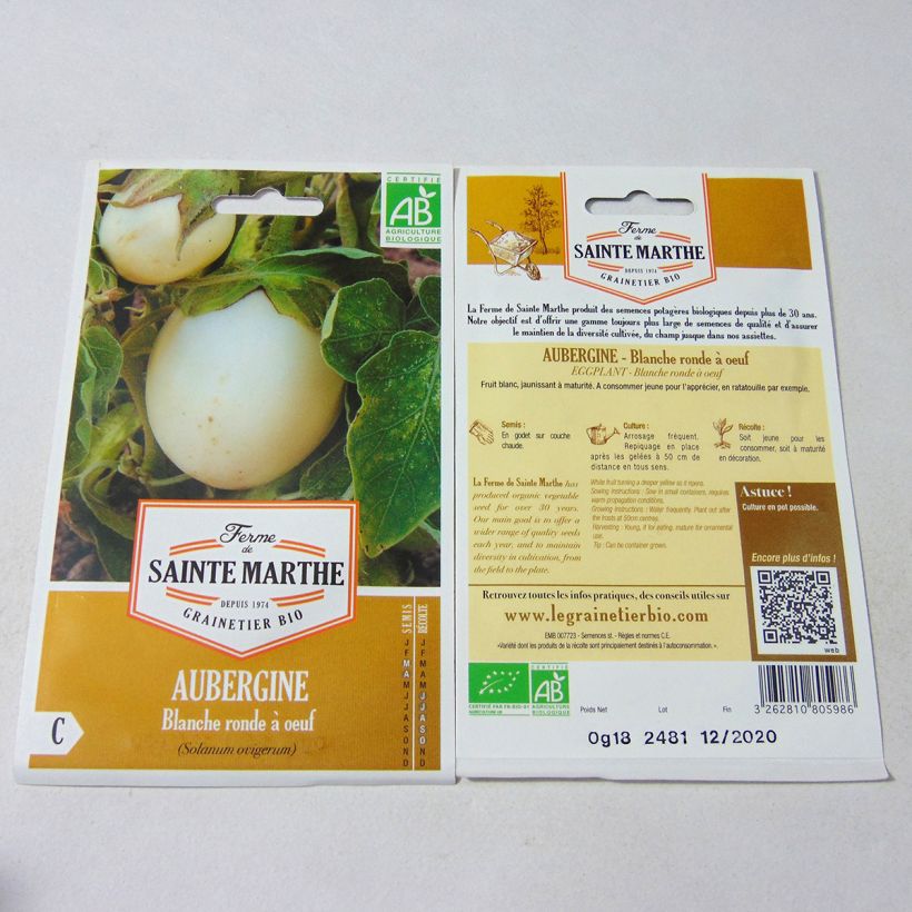 Voorbeeld van een exemplaar van Aubergine Blanche Ronde à Oeuf BIO - Ferme de Sainte Marthe het zakje met 40 zaden (0.18g) zoals geleverd