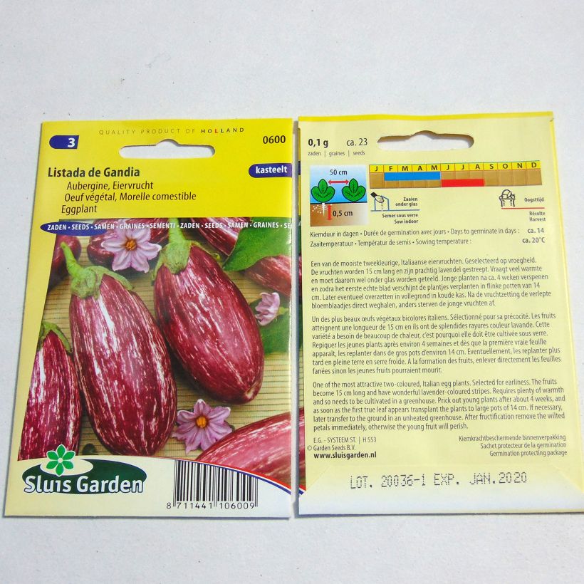 Voorbeeld van een exemplaar van Aubergine Listada de Gandia het zakje met 200 zaden (1g) zoals geleverd