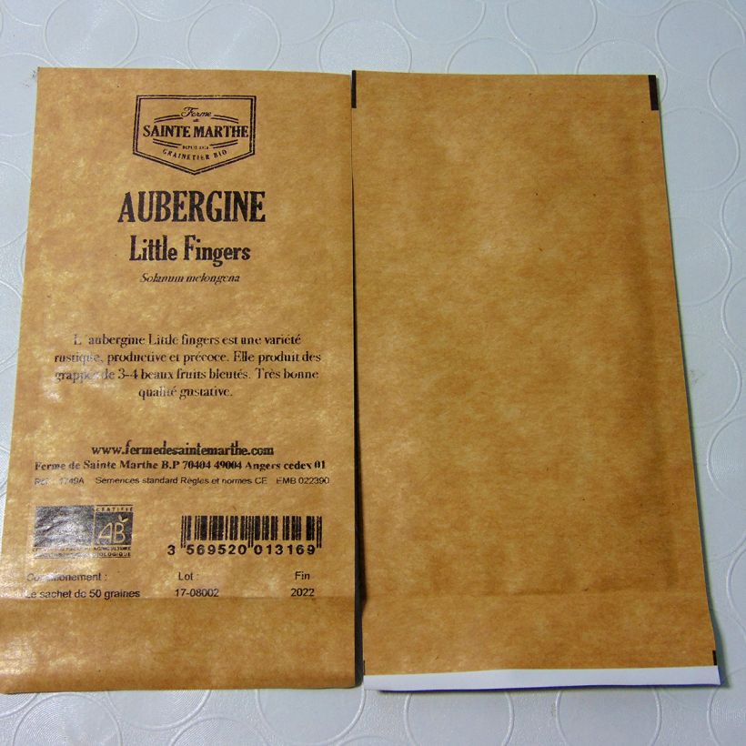 Example of Aubergine Little Fingers BIO - Ferme de Sainte Marthe het zakje met 50 zaden as you get