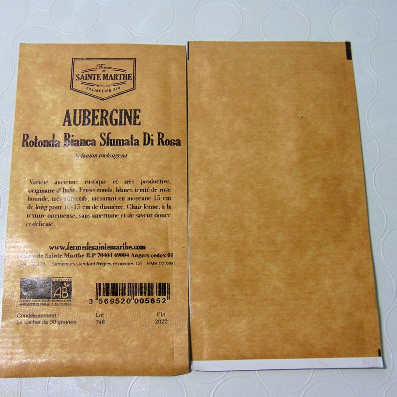 Voorbeeld van een exemplaar van Aubergine Rotonda Bianca Sfumata Di Rosa BIO - Ferme de Sainte Marthe het zakje met 50 zaden zoals geleverd