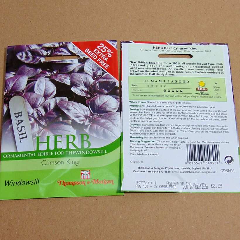 Voorbeeld van een exemplaar van Basilicum Crimson King het zakje met 150 zaden zoals geleverd
