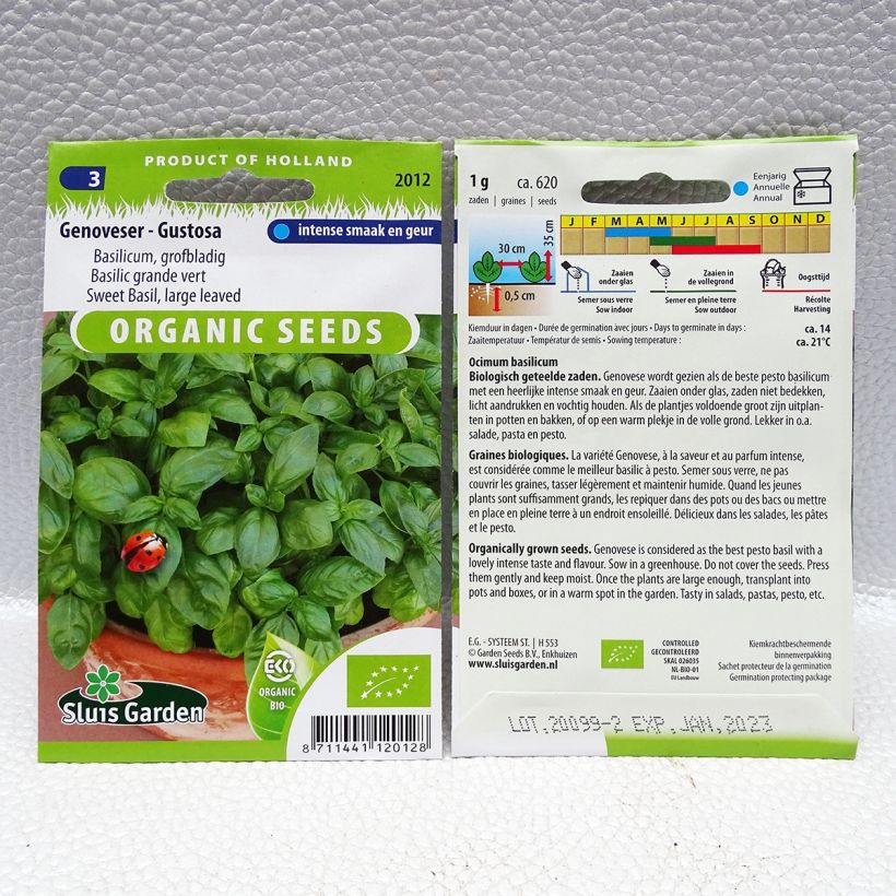 Voorbeeld van een exemplaar van Basilicum Gustosa BIO het zakje met 620 zaden (1g) zoals geleverd