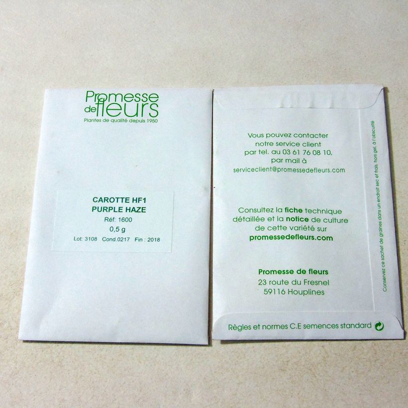 Voorbeeld van een exemplaar van Wortel Purple Haze F1 het zakje met 400 ? 500 zaden (0,5g) zoals geleverd