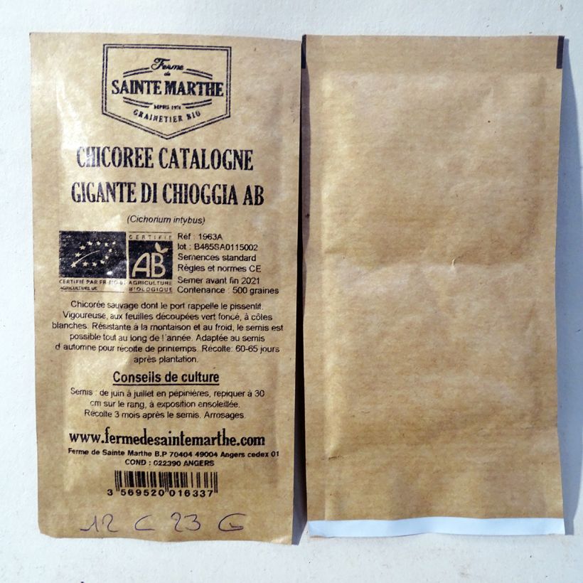 Voorbeeld van een exemplaar van Bladcichorei Gigante di Chioggia BIO - Ferme de Sainte Marthe het zakje met 500 zaden zoals geleverd