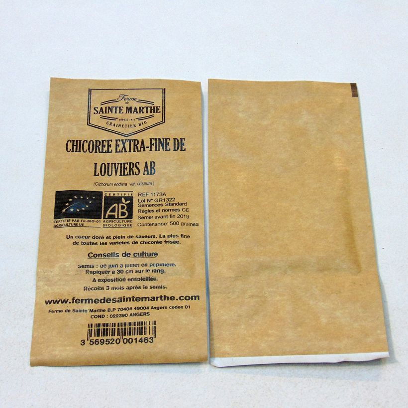 Voorbeeld van een exemplaar van Krulandijvie Fijne van Louviers BIO - Ferme de Sainte Marthe het zakje met 500 zaden zoals geleverd