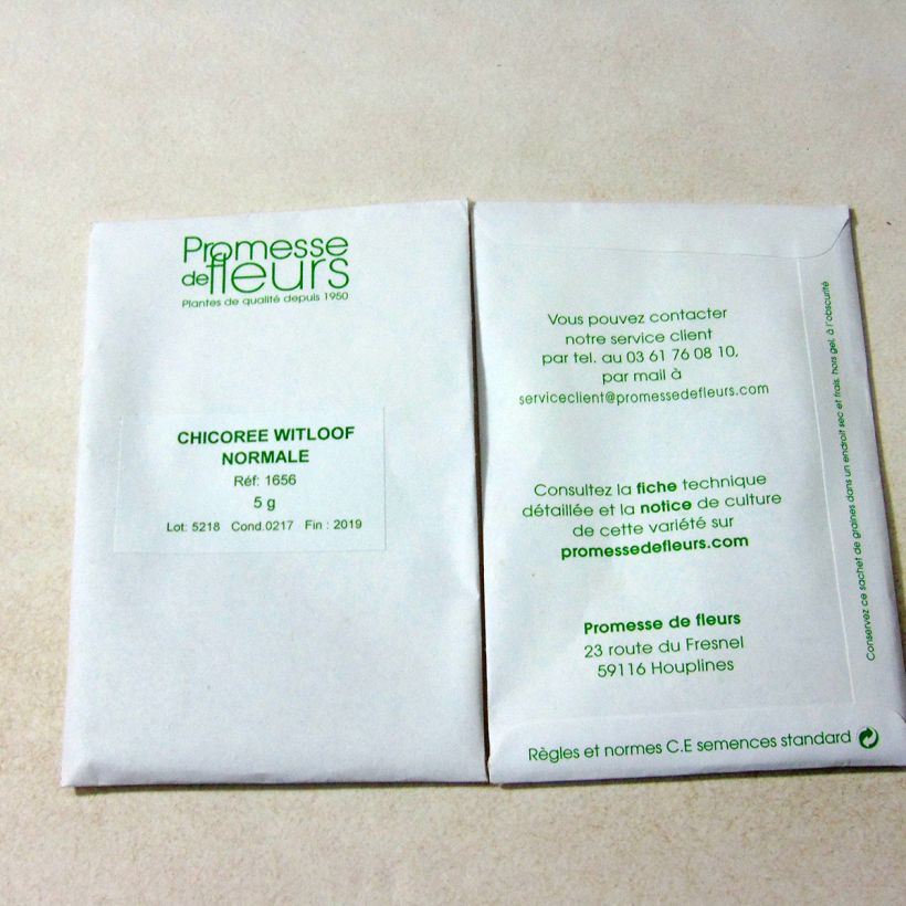 Voorbeeld van een exemplaar van Witlof Normale Maraîchère het zakje met 3000 zaden (5g) zoals geleverd