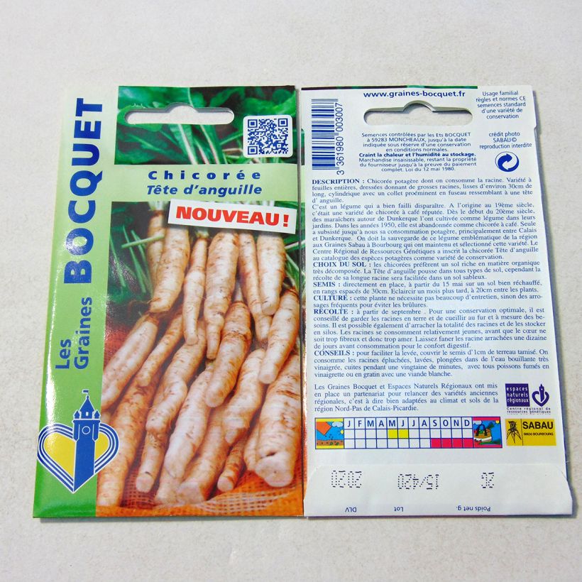 Voorbeeld van een exemplaar van Wortelcichorei Tête d'Anguille het zakje met 1200 zaden (2g) zoals geleverd