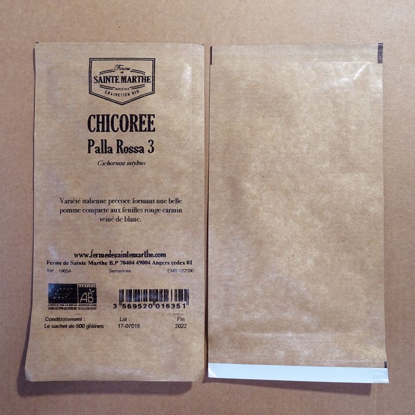 Voorbeeld van een exemplaar van Radicchio Palla Rossa 3 BIO - Ferme de Sainte Marthe het zakje met 500 zaden zoals geleverd