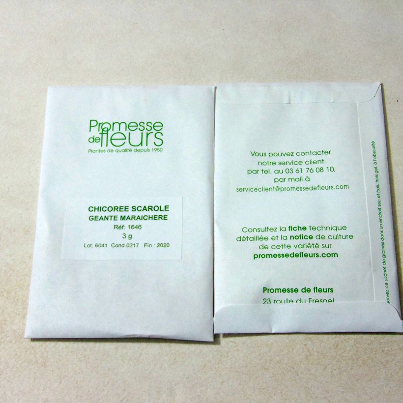 Voorbeeld van een exemplaar van Andijvie Géante Maraîchère het zakje met 1800 zaden (3g) zoals geleverd
