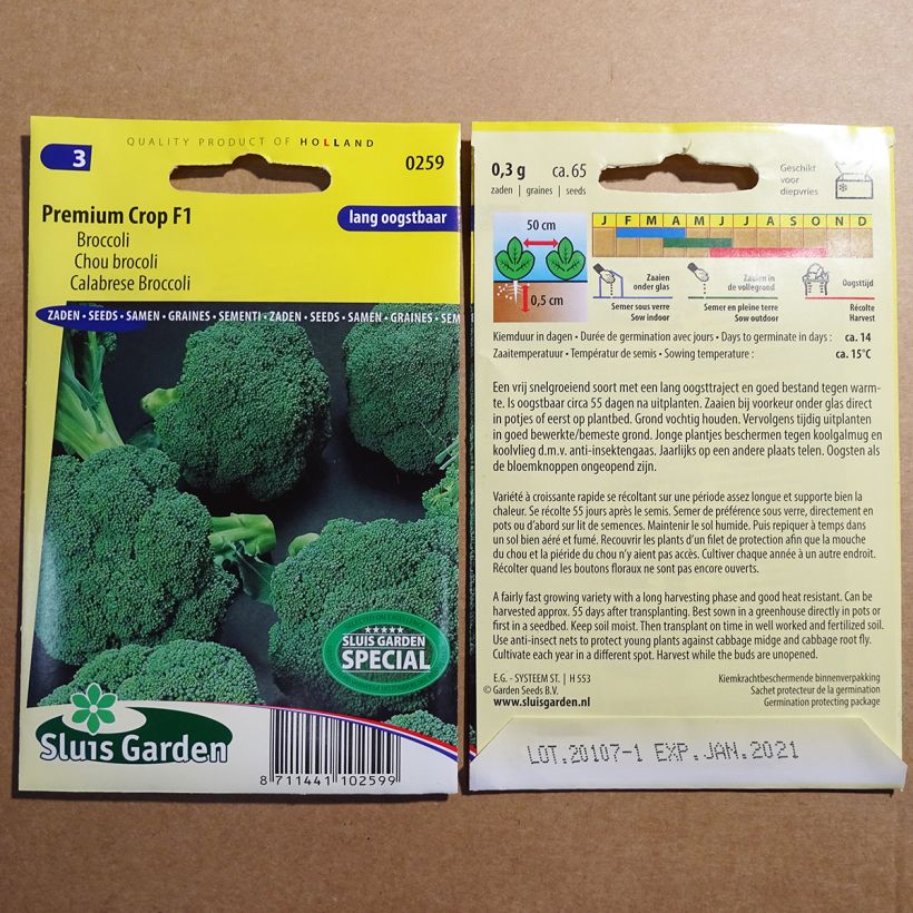 Voorbeeld van een exemplaar van Broccoli Premium Crop F1 het zakje met 65 zaden zoals geleverd