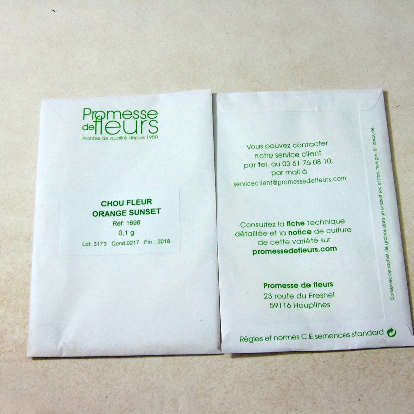 Voorbeeld van een exemplaar van Bloemkool Orange Sunset F1 het zakje met 20 zaden (0,1g) zoals geleverd
