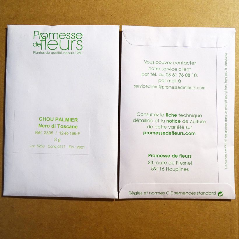 Voorbeeld van een exemplaar van Palmkool Nero di Toscana het zakje met 700 zaden (3g) zoals geleverd