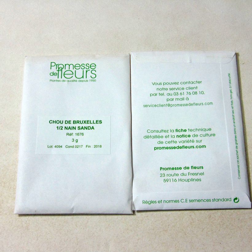 Voorbeeld van een exemplaar van Spruitkool Sanda het zakje met 800 zaden (3g) zoals geleverd
