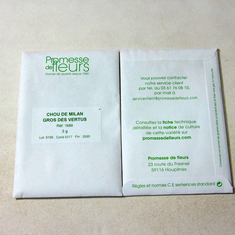 Voorbeeld van een exemplaar van Savooikool Grote van Vertus het zakje met 850 zaden (3g) zoals geleverd
