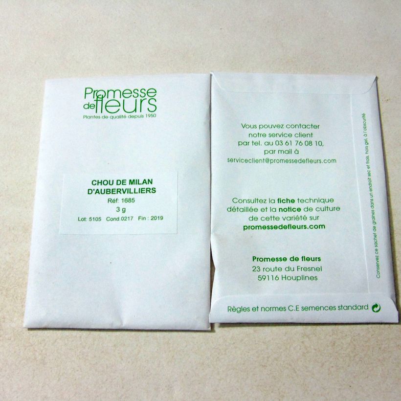 Voorbeeld van een exemplaar van Savooikool Van Aubervilliers het zakje met 850 zaden (3g) zoals geleverd