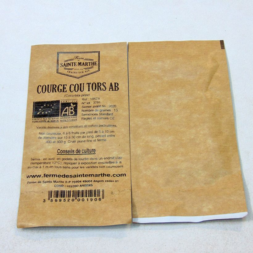 Voorbeeld van een exemplaar van Kromnekpompoen BIO - Ferme de Sainte Marthe het zakje met 15 zaden (1g) zoals geleverd