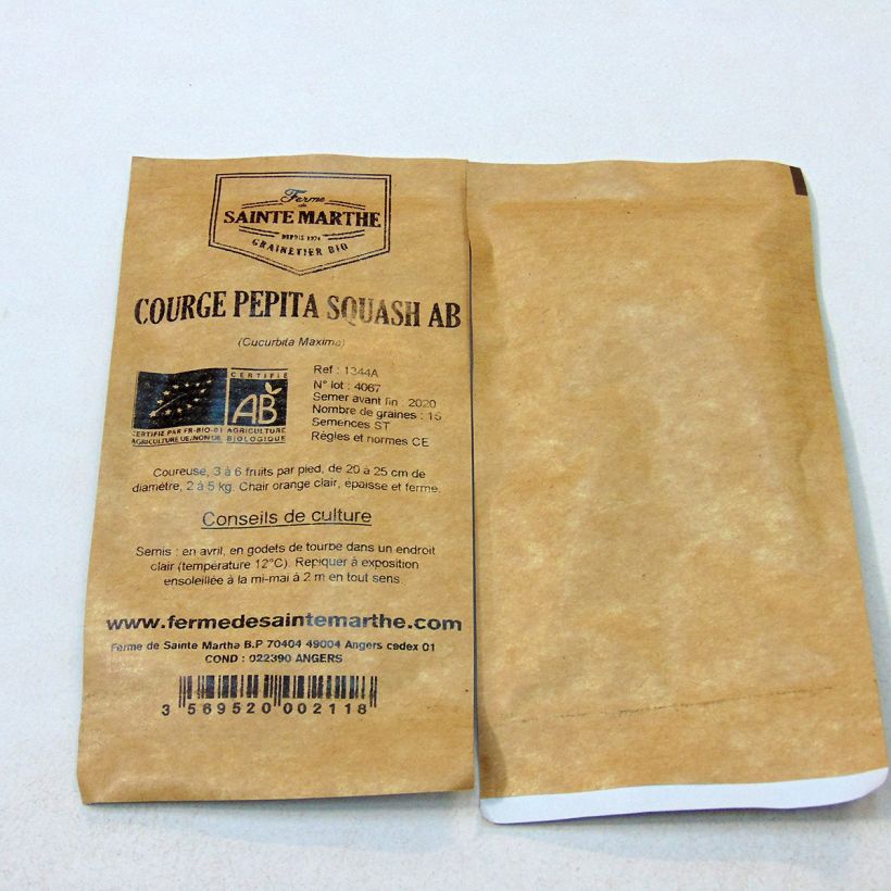 Voorbeeld van een exemplaar van Pompoen Pepita Squash BIO - Ferme de Sainte Marthe het zakje met 20 zaden (6g) zoals geleverd