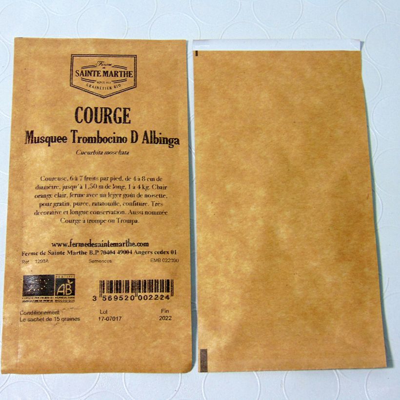 Example of Muskaatcourgette Tromboncino d'Albenga BIO - Ferme de Sainte Marthe het zakje met 20 zaden (1g) as you get