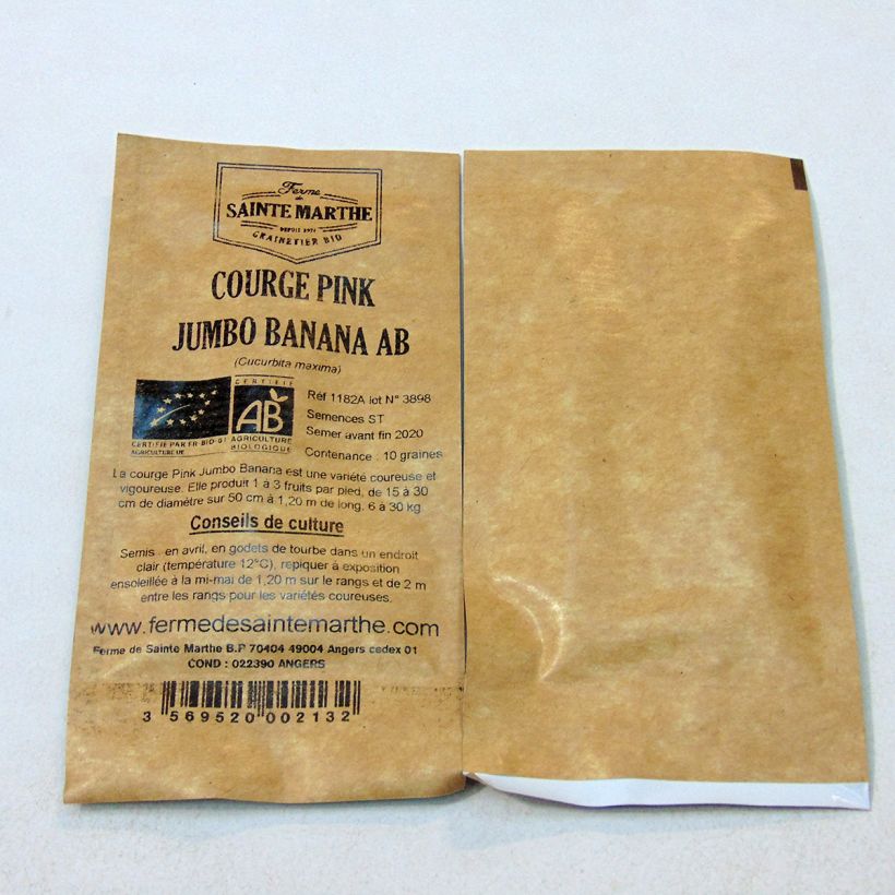 Voorbeeld van een exemplaar van Pompoen Pink Jumbo Banana BIO - Ferme de Sainte Marthe het zakje met 10 zaden (2g) zoals geleverd