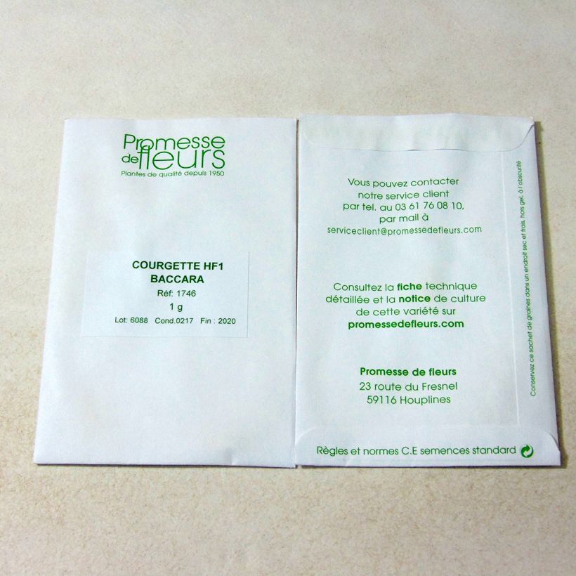 Voorbeeld van een exemplaar van Courgette Baccara F1 het zakje zaden van 1 gram zoals geleverd