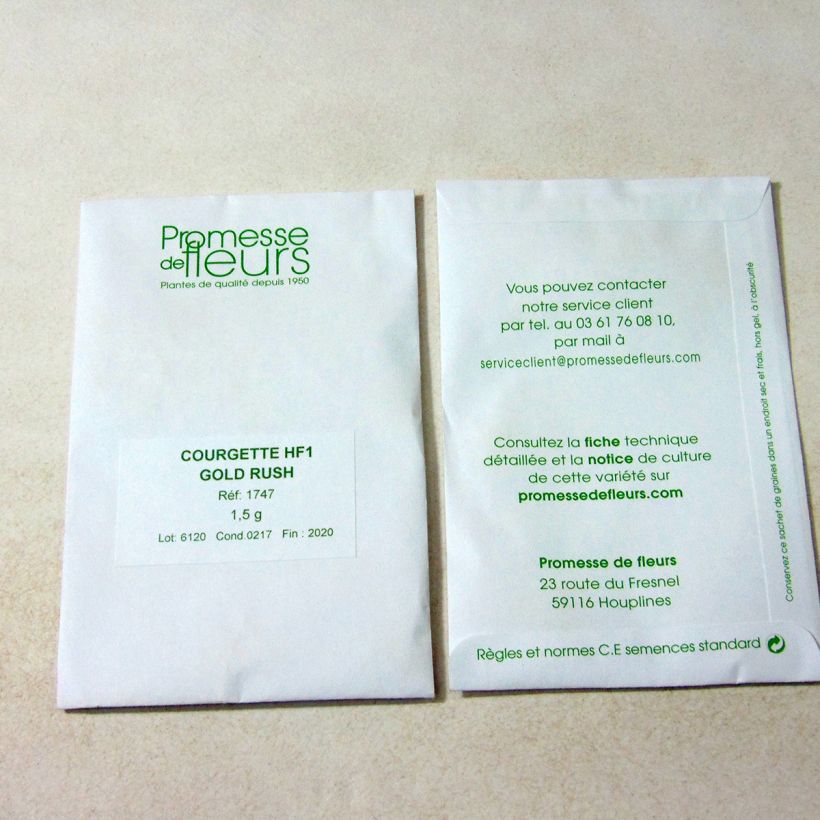 Voorbeeld van een exemplaar van Courgette Gold Rush F1 het zakje met 10 zaden (1,5g) zoals geleverd