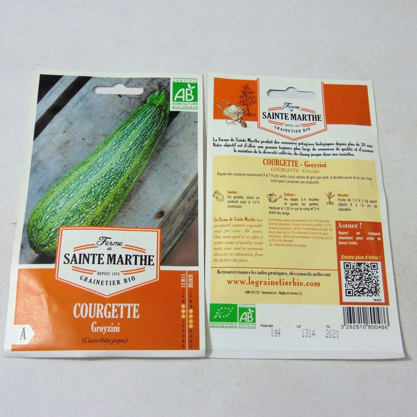 Example of Courgette Greyzini BIO - Ferme de Sainte Marthe het zakje met 10 zaden (1.2g) as you get