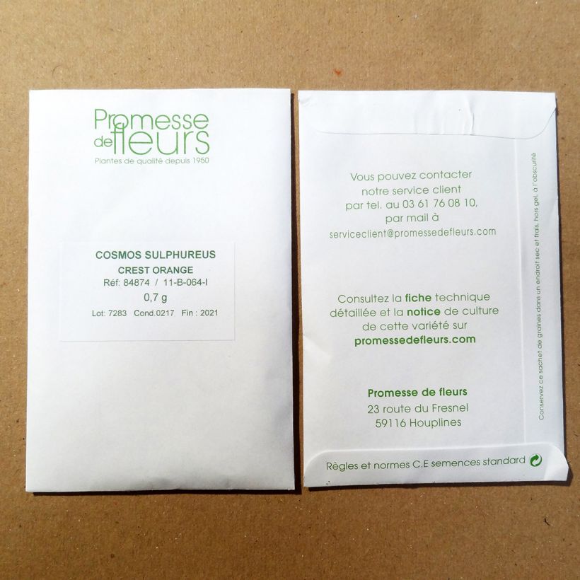 Voorbeeld van een exemplaar van Cosmos sulphureus Crest Orange (zaad) - Oranje cosmea het zakje met 100 zaden (1g) zoals geleverd