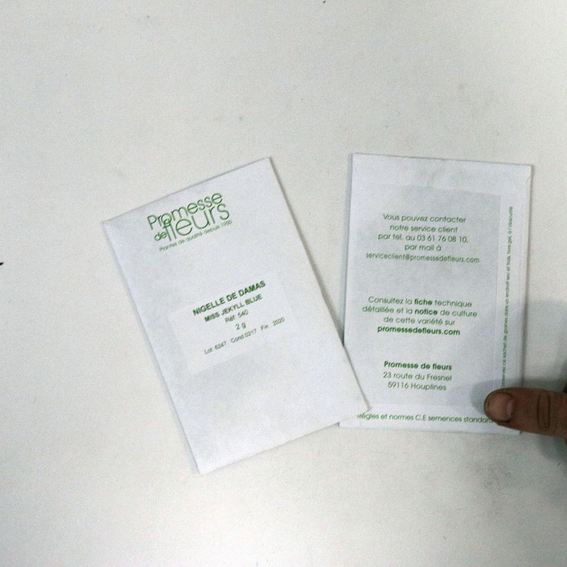 Voorbeeld van een exemplaar van Nigella damascena Miss Jekyll Blue (zaad) - Juffertje-in-het-groen het zakje met 600 zaden (2g) zoals geleverd