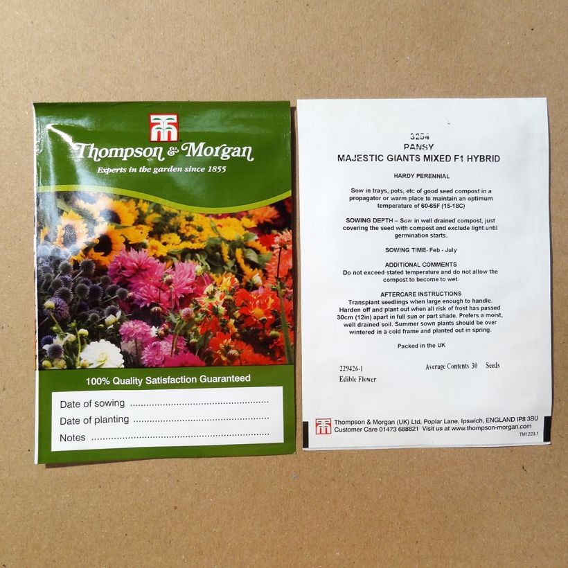 Voorbeeld van een exemplaar van Viola wittrockiana Majestic Giants Mixed F1 (zaad) - Grootbloemige viool het zakje met 30 zaden zoals geleverd