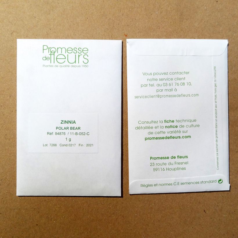 Voorbeeld van een exemplaar van Zinnia elegans Polar Bear (zaad) - Zahara-bloem het zakje met 100 zaden (1g) zoals geleverd