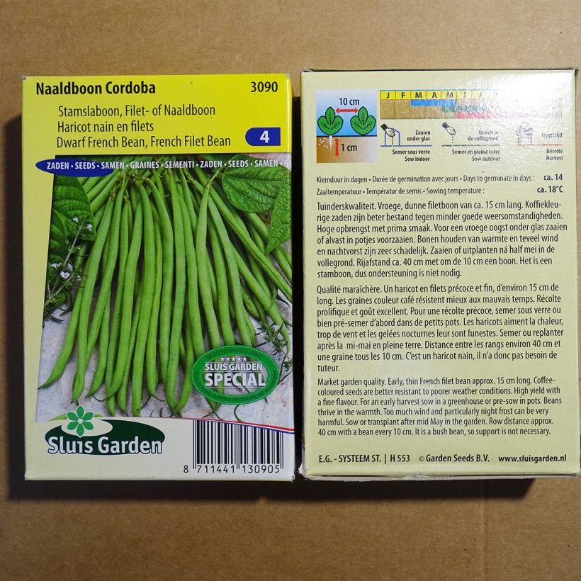 Voorbeeld van een exemplaar van Stamslaboon Cordoba het zakje met 150 zaden (75g) zoals geleverd