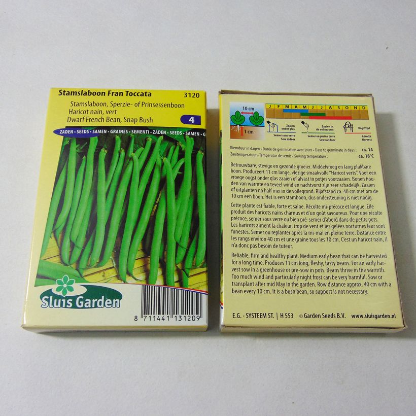 Voorbeeld van een exemplaar van Stamslaboon Fran Toccata het zakje met 150 zaden (75g) zoals geleverd
