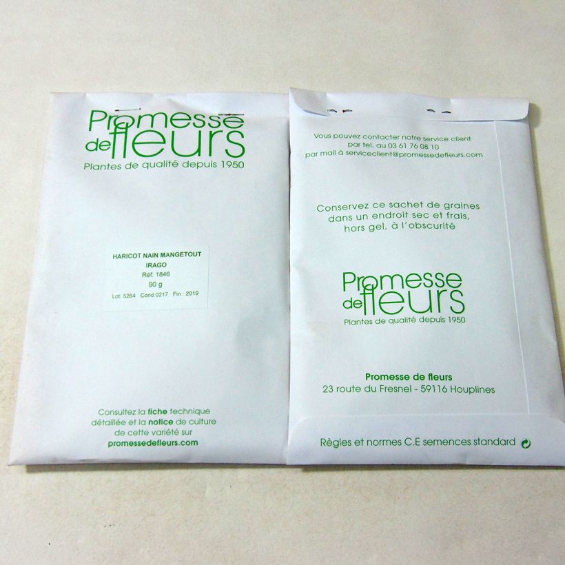 Voorbeeld van een exemplaar van Stamslaboon Irago het zakje zaden van 90 gram zoals geleverd