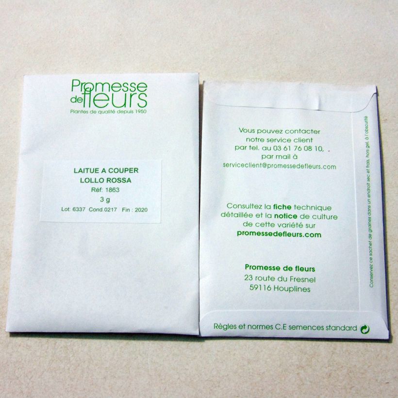 Voorbeeld van een exemplaar van Pluksla Lollo Rossa het zakje met 2500 zaden (3g) zoals geleverd