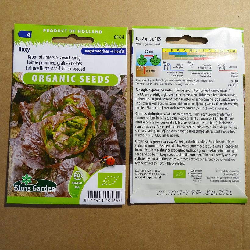 Voorbeeld van een exemplaar van Kropsla Roxy BIO het zakje met 105 zaden (0.12g) zoals geleverd