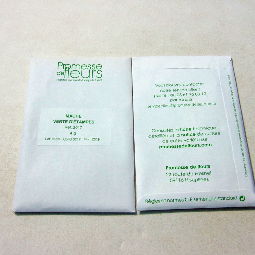 Voorbeeld van een exemplaar van Veldsla Groene van Etampes het zakje met 3000 zaden (4g) zoals geleverd