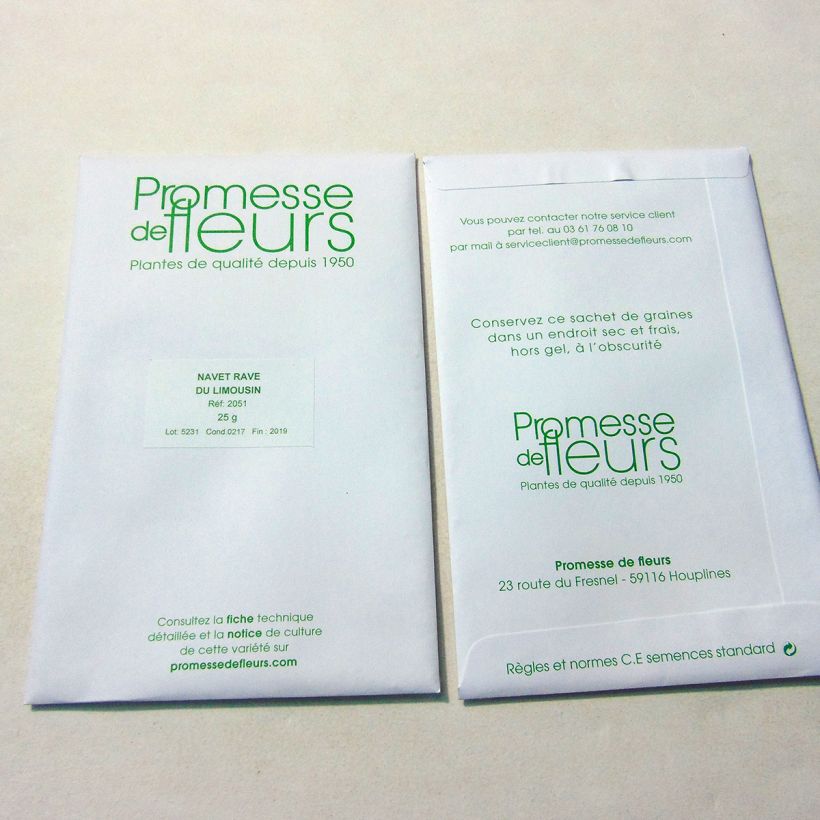 Voorbeeld van een exemplaar van Knolraap Van Limousin het zakje met 7500 zaden (25g) zoals geleverd