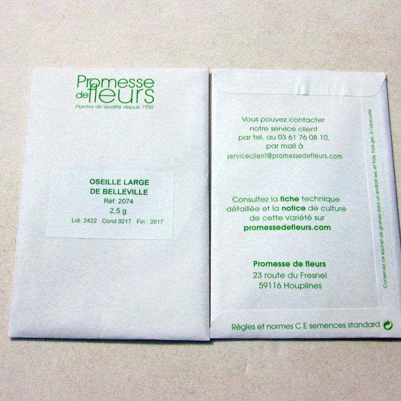 Voorbeeld van een exemplaar van Zuring Grote van Belleville het zakje met 1700 zaden (2,5g) zoals geleverd