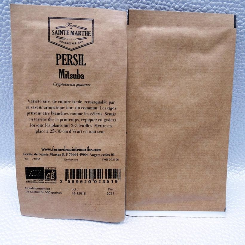 Voorbeeld van een exemplaar van Japanse peterselie BIO Ferme de Sainte Marthe - Cryptotaenia japonica het zakje met 500 zaden zoals geleverd