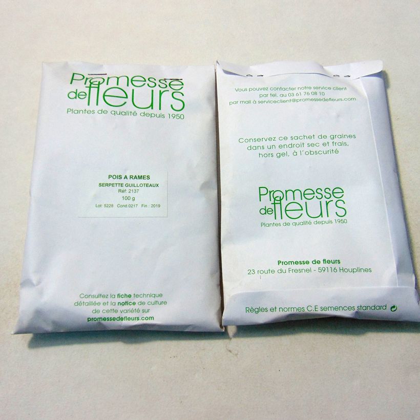 Voorbeeld van een exemplaar van Rijsdoperwt Serpette Guilloteaux het zakje met 250-350 zaden (100g) zoals geleverd