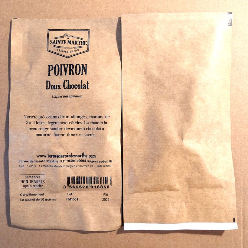 Voorbeeld van een exemplaar van Paprika Chocolat - Ferme de Sainte Marthe het zakje met 30 zaden (Sachet de 30 grainesg) zoals geleverd
