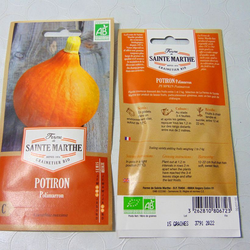 Example of Hokkaido-pompoen Potimarron BIO - Ferme de Sainte Marthe het zakje met 10 zaden (2g) as you get