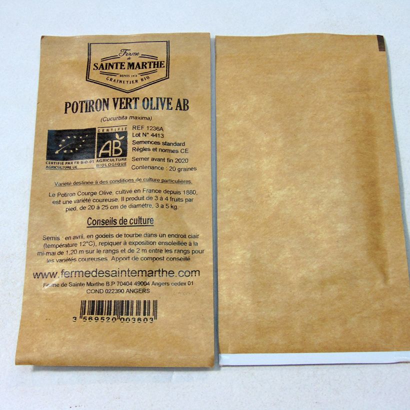 Voorbeeld van een exemplaar van Pompoen Vert Olive BIO - Ferme de Sainte Marthe het zakje met 20 zaden (4g) zoals geleverd