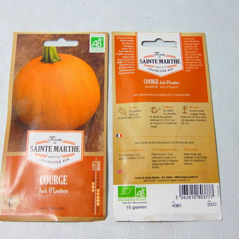 Voorbeeld van een exemplaar van Halloweenpompoen Jack O'Lantern BIO - Ferme de Sainte Marthe het zakje met 8 zaden (1g) zoals geleverd