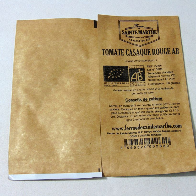 Voorbeeld van een exemplaar van Vleestomaat Casaque Rouge BIO - Ferme de Sainte Marthe het zakje met 50 zaden zoals geleverd