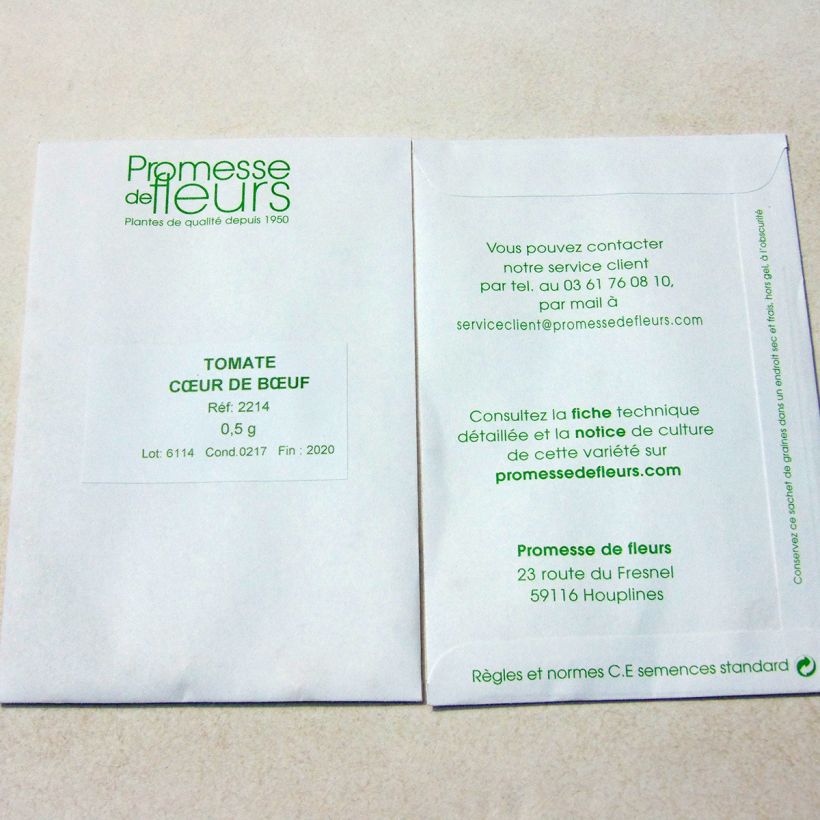 Voorbeeld van een exemplaar van Vleestomaat Cuor di Bue het zakje met 150 zaden (0,5g) zoals geleverd