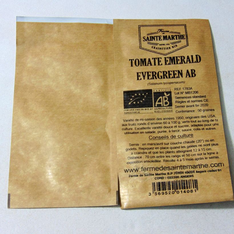 Voorbeeld van een exemplaar van Tomaat Emerald Evergreen BIO - Ferme de Sainte Marthe het zakje met 50 zaden zoals geleverd