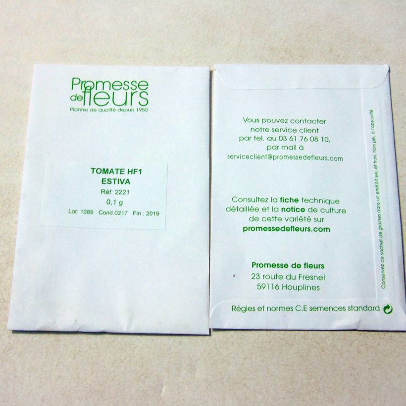 Voorbeeld van een exemplaar van Tomaat Estiva F1 het zakje met 25 zaden (0,1g) zoals geleverd
