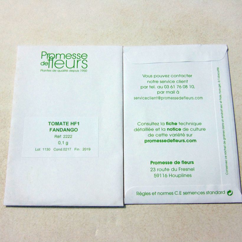 Voorbeeld van een exemplaar van Tomaat Fandango F1 het zakje met 25 zaden (0,1g) zoals geleverd